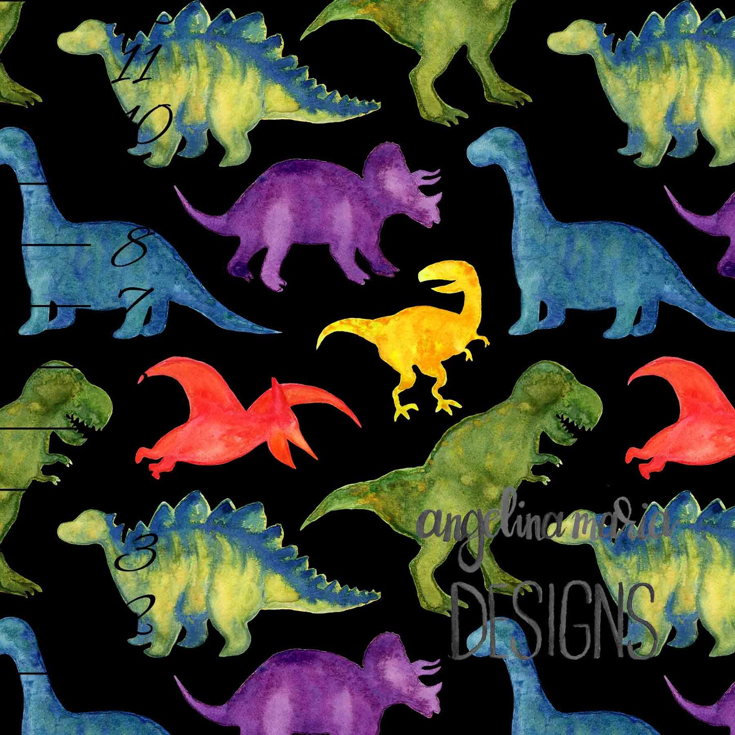 ***Medium Watercolor Dinosaurs on Black