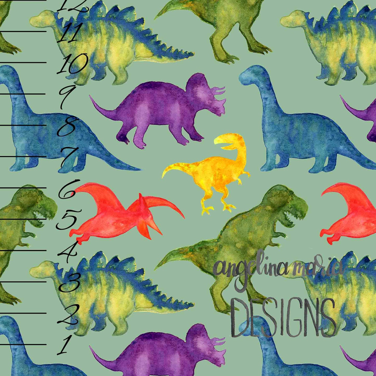 ***Medium Watercolor Dinosaurs on Sage