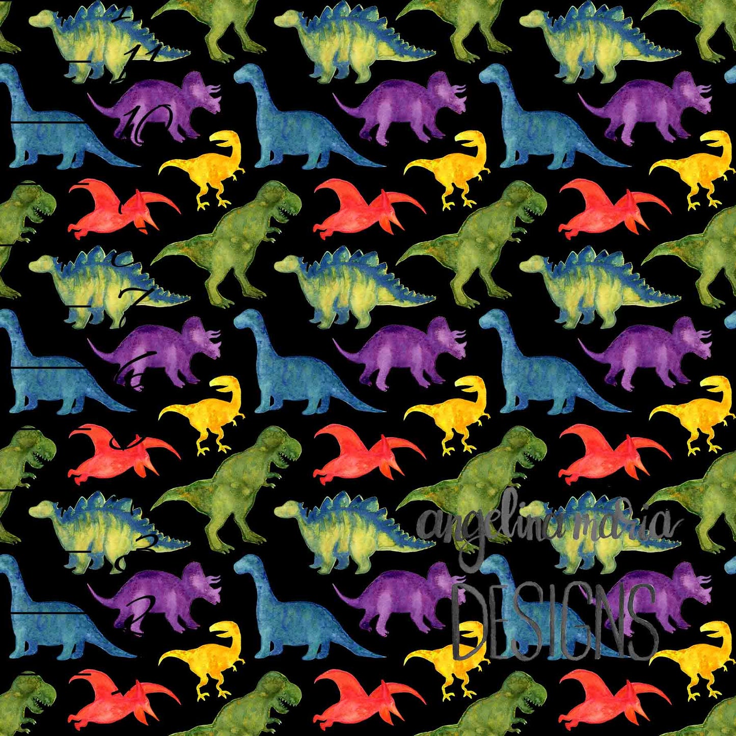 ***Small Watercolor Dinosaurs on Black